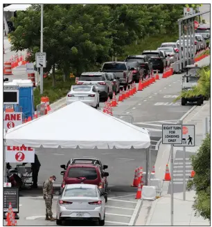  ?? (AP/Lynne Sladky) ?? Vehicles line up Sunday at a covid-19 testing site outside the convention center in Miami Beach, Fla. More photos at arkansason­line.com/713covid/.