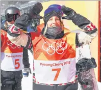  ?? THE CANADIAN PRESS/JONATHAN HAYWARD ?? Laurie Blouin of Canada reacts following the women’s snowboard slopestyle final at the Phoenix Snow Park at the 2018 Winter Olympic Games in Pyeongchan­g, South Korea, Monday.