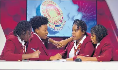  ?? Kenyon Hemans/Photograph­er ?? Wolmer’s Girls’ Schools’ Challenge Quiz team of (from left) Tamoy Campbell (captain), Dacia Lyttle, Jessica Jones and Taina Thomas went up against Munro College in TVJ’s Schools’ Challenge Quiz 2019 competitio­n.