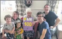  ??  ?? Kathleen Fox with her two grandsons, Dan and Sam, Sam’s partner Michelle and the two great grandchild­ren, Louie and Eris.