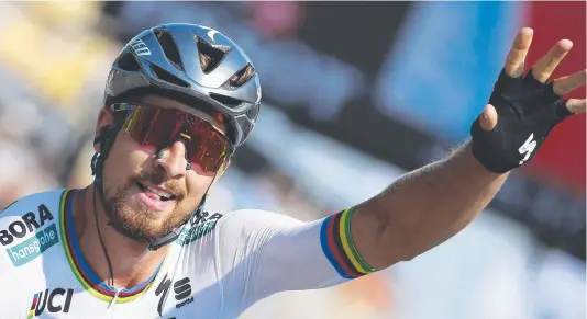  ?? NEW LEADER: Stage winner and new overall leader Peter Sagan of Slovakia celebrates as he crosses the finish line to win Stage 2 of the Tour de France. ??