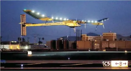  ??  ?? PHOENIX: Impulse, piloted by Andre Borschberg, takes flight during the second leg of the 2013 Across America mission yesterday from Sky Harbor Internatio­nal Airport. —AP
GENEVA: