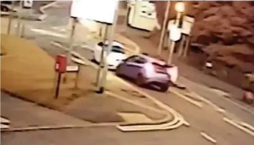  ??  ?? ●● A still from the shocking CCTV footage shows the moment before the sickening collision between the two vehicles on Dale Street, near the Kiln Lane roundabout in Milnrow