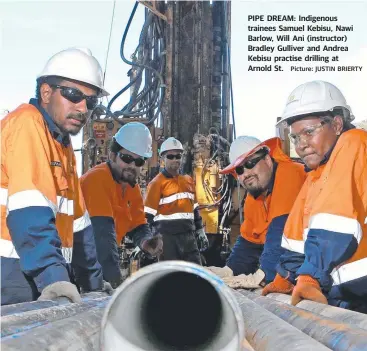  ?? Picture: JUSTIN BRIERTY ?? PIPE DREAM: Indigenous trainees Samuel Kebisu, Nawi Barlow, Will Ani (instructor) Bradley Gulliver and Andrea Kebisu practise drilling at Arnold St.