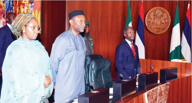  ?? Photo: NAN ?? From left: Minister of State for Budget and National Planning, Mrs Zainab Ahmed; Minister of Budget and National Planning, Sen. Udoma Udo Udoma; and Vice President Yemi Osinbajo at the National Economic Council meeting in Abuja yesterday