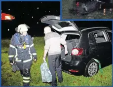  ??  ?? Der Mann der Crash-Fahrerin, dem Gäste der Hochzeit trockene Kleidung gegeben hatten, holte noch seine Sachen aus dem Auto.