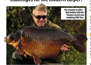  ??  ?? The rewards on offer – Nick Helleur with the Thames record carp weighing 50lb 12oz.