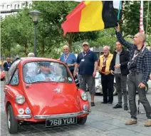  ??  ?? Above: organiser Malcolm Mckay flags away car 1, a 204cc 1958 Heinkel driven by indomitabl­e 83-year old John Ducker, who battled through with the smallesten­gined car despite having to train a novice 13-yearold navigator from day two