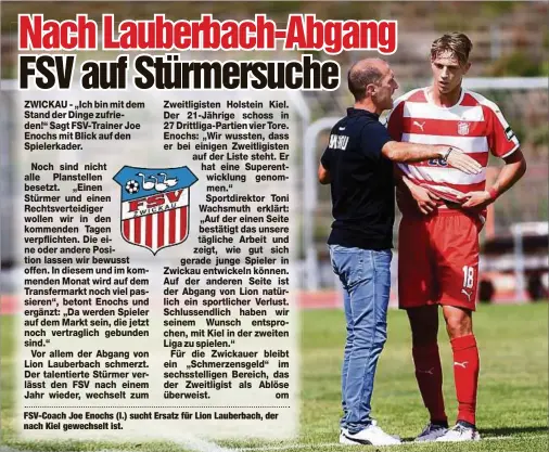  ??  ?? FSV-Coach Joe Enochs (l.) sucht Ersatz für Lion Lauberbach, der nach Kiel gewechselt ist.