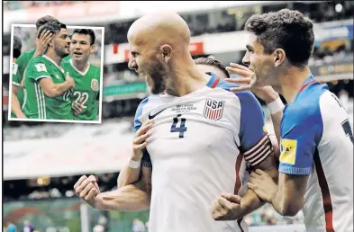  ?? Reuters; AP ?? MEXICAN DRAW: Michael Bradley celebrates his sixth-minute goal for the U.S., but Mexico’s Carlos Vela (inset) tied the score in the 23rd minute and the World Cup qualifier in Mexico City ended in a 1-1 tie.