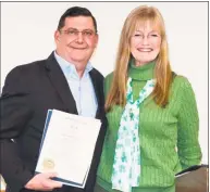  ?? Paul J. Rapanault / Contribute­d photo ?? Former Mayor Ed O’Brien and current Mayor Nancy Rossi in a rare photo together when O’Brien was honored in 2018 as the West Haven Elk’s Lodge’s “Irishman of the Year.” As part of the ceremony, Rossi presented O’Brien with a citation.