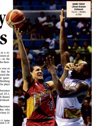  ?? AUGUST DELA CRUZ ?? GAME TODAY ( Smart Araneta
Coliseum) 5 p.m.—Alaska
vs Star IN A SHOWof offensive might, Rain or Shine import Wendell McKines (right) finishes with 53 points. San Miguel Beer’s Marcio Lassiter, meanwhile, fired 10 triples.