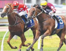  ?? Picture: AAP ?? Filly Meryl (right) runs down Witherspoo­n to win at Doomben yesterday