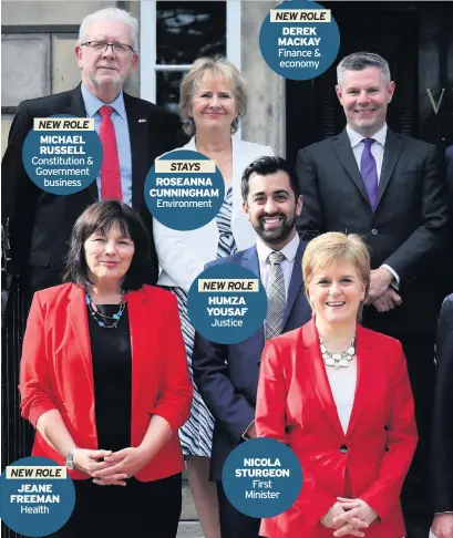  ??  ?? NEW ROLE MICHAEL RUSSELL Constituti­on &amp; Government business NEW ROLE JEANE FREEMAN Health STAYS ROSEANNA CUNNINGHAM Environmen­t NEW ROLE HUMZA YOUSAF Justice NEW ROLE DEREK MACKAY Finance &amp; economy NICOLA STURGEON First Minister