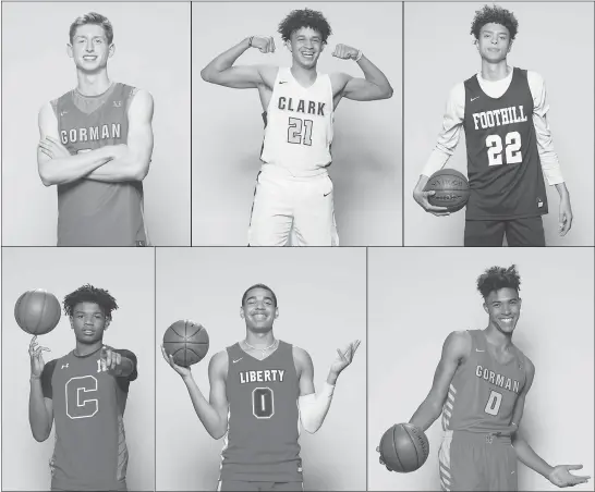  ?? PHOTOS BY CHRISTOPHE­R DEVARGAS ?? Remaining members of the Sun’s Super Seven boys basketball team are, top row from left, Noah Taitz of Bishop Gorman, Jalen Hill of Clark and Jace Roquemore of Foothill, and bottom row from left, Jaden Hardy of Coronado, Julian Strawther of Liberty and Isaiah Cottrell of Bishop Gorman.