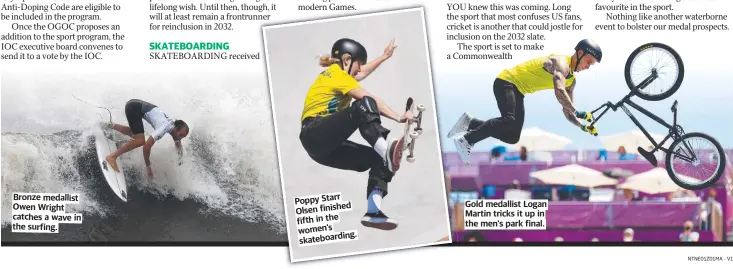  ??  ?? Bronze medallist Owen Wright catches a wave in the surfing.
PoppyStarr Olsenfinis­hed fifthinthe women’s ding. skateboar