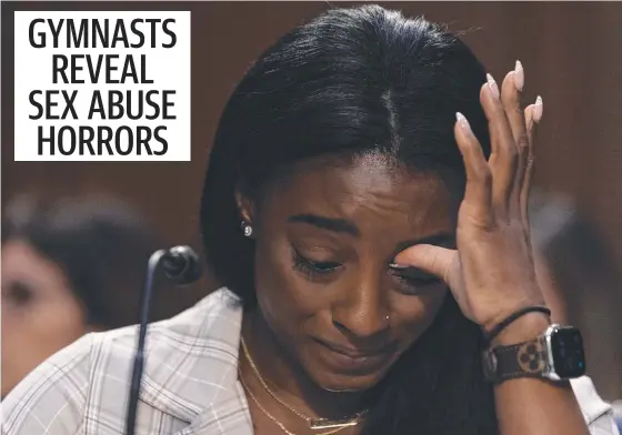  ??  ?? US gymnast Simone Biles weeps during a judiciary hearing into the FBI’s mishandlin­g of a probe into sexual abuse of Olympic gymnasts. Picture: AFP