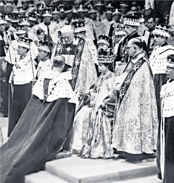  ?? ?? The Coronation in 1953 was a glittering event that cheered post-war Britain. Left, the Stone of Scone, which will be moved to London for the King’s Coronation