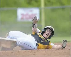  ??  ?? Thomas Jefferson’s Elizabeth Brock reacts to being called out at second Tuesday in a PIAA Class 5A semifinal.