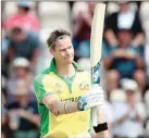  ?? (REUTERS) ?? Australia’s Steve Smith celebrates his century during an ICC World Cup warm-up match against host team England in Southampto­n on Saturday.