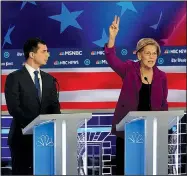  ?? The New York Times/RUTH FREMSON ?? Elizabeth Warren speaks out Wednesday during the Democratic presidenti­al debate in Atlanta. Warren and Pete Buttigieg (left) clashed over health care programs. Buttigieg’s rise in the polls made him a prime target for the other candidates.