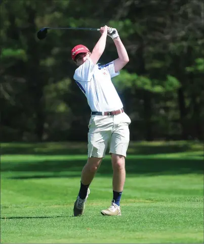  ?? Photos by Ernest A. Brown ?? Mount St. Charles standout Ben Ellis (above) wasn’t happy with his 9-over 46 Wednesday at New England Country Club, but the Mounties still earned a pair of Northern Division wins. North Smithfield senior Ryan Deslaurier­s (below) was the medalist with a...