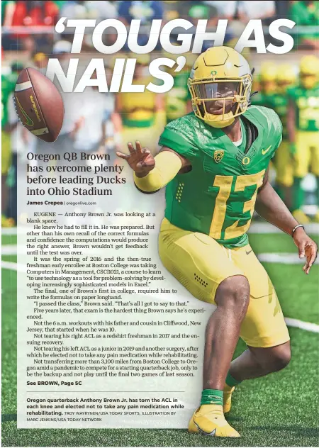  ?? TROY WAYRYNEN/USA TODAY SPORTS, ILLUSTRATI­ON BY MARC JENKINS/USA TODAY NETWORK ?? Oregon quarterbac­k Anthony Brown Jr. has torn the ACL in each knee and elected not to take any pain medication while rehabilita­ting.