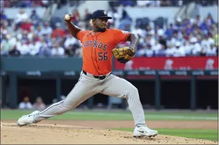  ?? RICHARD W. RODRIGUEZ — THE ASSOCIATED PRESS ?? Houston Astros pitcher Ronel Blanco delivers in the second inning against the Texas Rangers during Sunday’s game in Arlington, Texas.