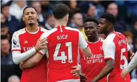  ?? Jenkins/The Guardian ?? Bukayo Saka (second from right) doubled Arsenal’s lead in the first half. Photograph: Tom