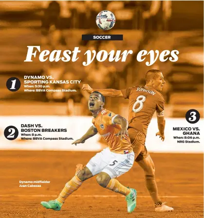  ?? Yi-Chin Lee photo / Houston Chronicle illustrati­on ?? DYNAMO VS. SPORTING KANSAS CITY When: 5:30 p.m. Where: BBVA Compass Stadium. DASH VS. BOSTON BREAKERS MEXICO VS. GHANA When: 8 p.m. Where: BBVA Compass Stadium. When: 8:06 p.m. NRG Stadium.