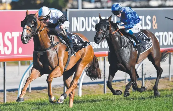  ?? Picture: AAP IMAGE ?? Jockey Jim Byrne pilots Sista Act (left) to success in the QTIS 3YO Jewel ahead of Skate To Paris.