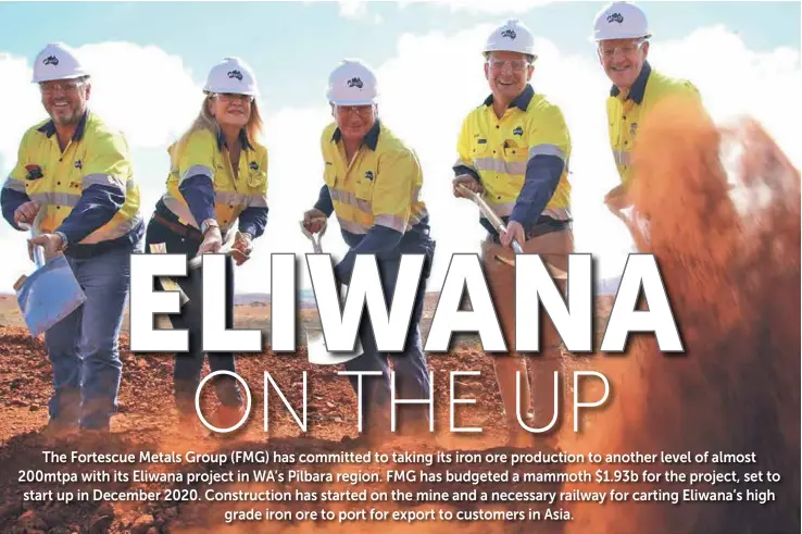  ??  ?? WA Premier Mark McGowan, FMG chairman Andrew Forrest and FMG chief executive Elizabeth gaines, flanked by FMG leadership team members, turn the sod at Eliwana.