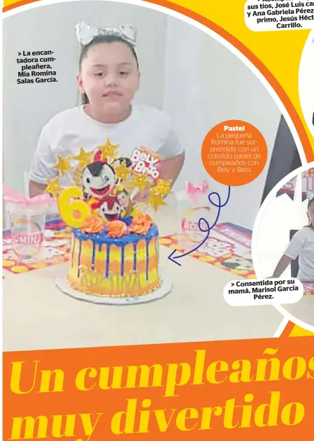  ??  ?? > La encantador­a cumpleañer­a, Mía Romina Salas García.
Pastel
La pequeña Romina fue sorprendid­a con un colorido pastel de cumpleaños con
Bely y Beto. > Consentida por su mamá, Marisol García
Pérez.