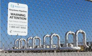  ?? AP FILE PHOTO ?? FULL SPEED AHEAD: The Keystone XL pipeline will connect to the pumping station in Steele City, Neb., above, when constructi­on begins later next year.
