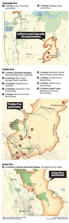  ??  ?? The death toll from the Northern California fires has risen to 29. Here is a list of known locations.