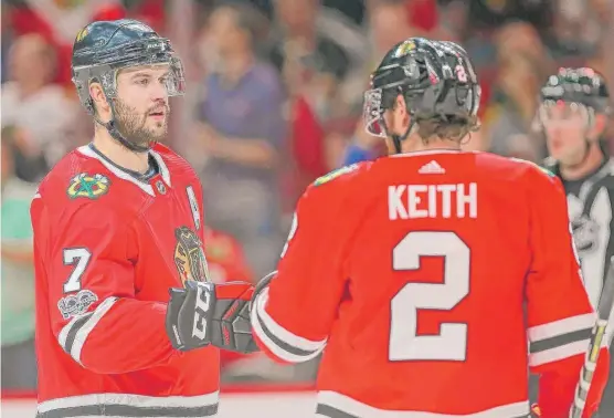  ??  ?? Brent Seabrook ( 7) and Duncan Keith are the longest- tenured Blackhawks. “There’s a comfortabi­lity we’ve always just sort of had,” Seabrook said. | JONATHAN DANIEL/ GETTY IMAGES