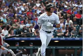  ?? HELEN H. RICHARDSON — THE DENVER POST ?? Nolan Jones, 22, hits a home run in the fourth inning at Coors Field on October 1, 2023 in Denver, Colorado.