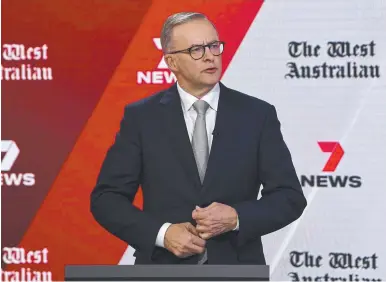  ?? ?? Australian Opposition Leader Anthony Albanese speaks during the third leaders' debate of the 2022 federal election campaign. Picture: Lukas Coch/Pool/Getty Images