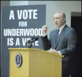  ?? DAVID GIESBRECHT/NETFLIX ?? In Hollywood’s hands, the president of the United States can be a conniving murderer, such as Kevin Spacey as President Frank Underwood in Netflix’s “House of Cards.” But masters of makebeliev­e from Hollywood and publishing say the real-life Donald...