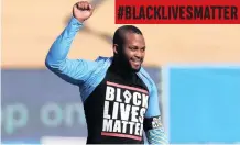  ??  ?? ANDILE Phehlukway­o of the Takealot Eagles shows his BLM T-shirt during the 2020 Solidarity Cup 3TC cricket match at Supersport Park.