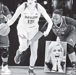  ?? AP (2) ?? THEY DON’T LET UP: Lauren Cox and Baylor beat Winthrop, 140-32, though coach Kim Mulkey (inset) said they tried not to run up the score.