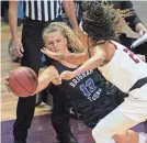  ?? CHUCK BURTON/AP ?? Paisley Harding gets the pass off as Rutgers’ Arella Guirantes defends during 11-seed BYU’s upset of the 6-seed in a Mercado region game.