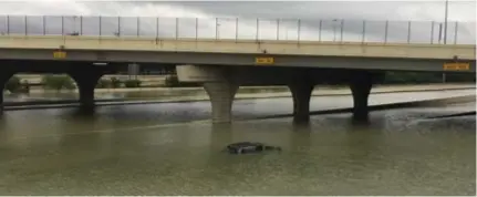  ?? FOTO RR ?? Een zicht op de I10, vlak bij het huis van Max en Crystle. Het water staat er metershoog. De autowrakke­n staan nog net met hun dak boven water.