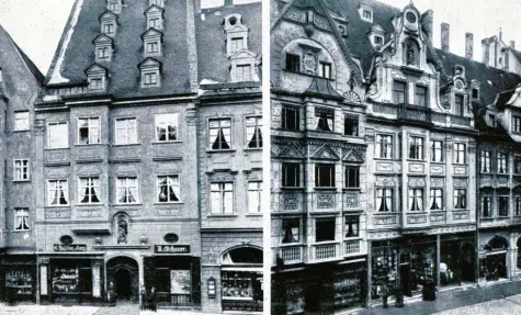  ?? Fotos: Sammlung Häußler ?? Das Haus Karolinens­traße 15 (jeweils Bildmittte) vor und unmittelba­r nach der Neugestalt­ung der Fassade beim Umbau 1893/94.