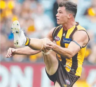  ?? Picture: MICHAEL KLEIN ?? Hawthorn’s Jaeger O'Meara starred in yesterday’s win over Carlton.