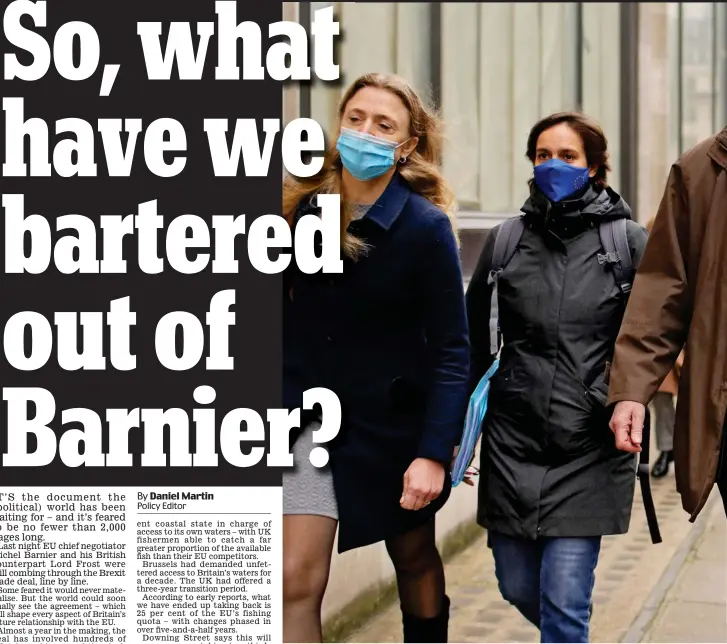  ??  ?? Long time coming: Michel Barnier and his team of negotiator­s, seen here on one of their many trips to London for talks, could finally be saying farewell to the Eurostar buffet cart