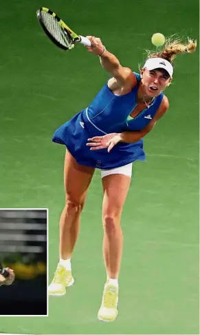  ??  ?? Back-to-back final: Caroline Wozniacki hits a return in the semi-final match against Anastasija Sevastova in the Dubai Championsh­ips on Friday. Inset: Elina Svitolina. — AFP