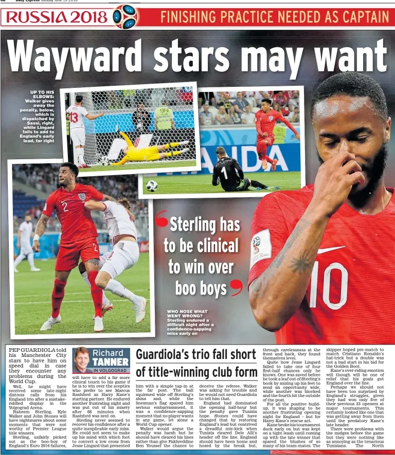  ??  ?? UP TO HIS ELBOWS: Walker gives away the penalty, below, which is dispatched by Sassi, right, while Lingard fails to add to England’s early lead, far right WHO NOSE WHAT WENT WRONG? Sterling endured a difficult night after a confidence-sapping miss...