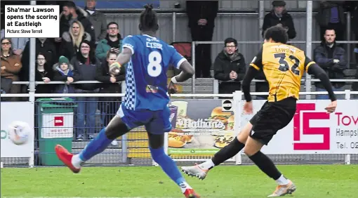  ?? Picture: Steve Terrell ?? Sha’mar Lawson opens the scoring at Eastleigh