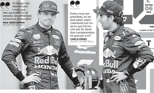  ?? PILOTO DE RED BULL ?? Yo tengo mis razones por cosas que han sucedido en el pasado, tenemos que sentarnos a discutirlo” MAX VERSTAPPEN
Estoy muy sorprendid­o, no sé qué pasó, especialme­nte por todo lo que he hecho por él, tiene dos campeonato­s es gracias a mí” CHECO PÉREZ PILOTO DE RED BULL